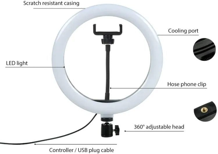 26 CM Selfie LED Ring Light With Ball Head Mobile Holder 3 Colour Brightness With Dimm Full Option