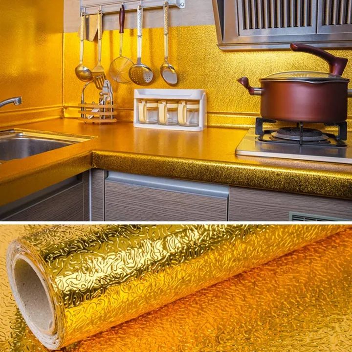 40/200 Cm Golden Foil Aluminum Sticker For Kitchen Cabinet Wallpaper Oil Proof Waterproof Wall Protector With Heat Resistant Stove Cabinet Stickers Kitchen Backsplash Wall Tile Sticker Aluminium Sheet Wallpaper Foil Sheet Golden